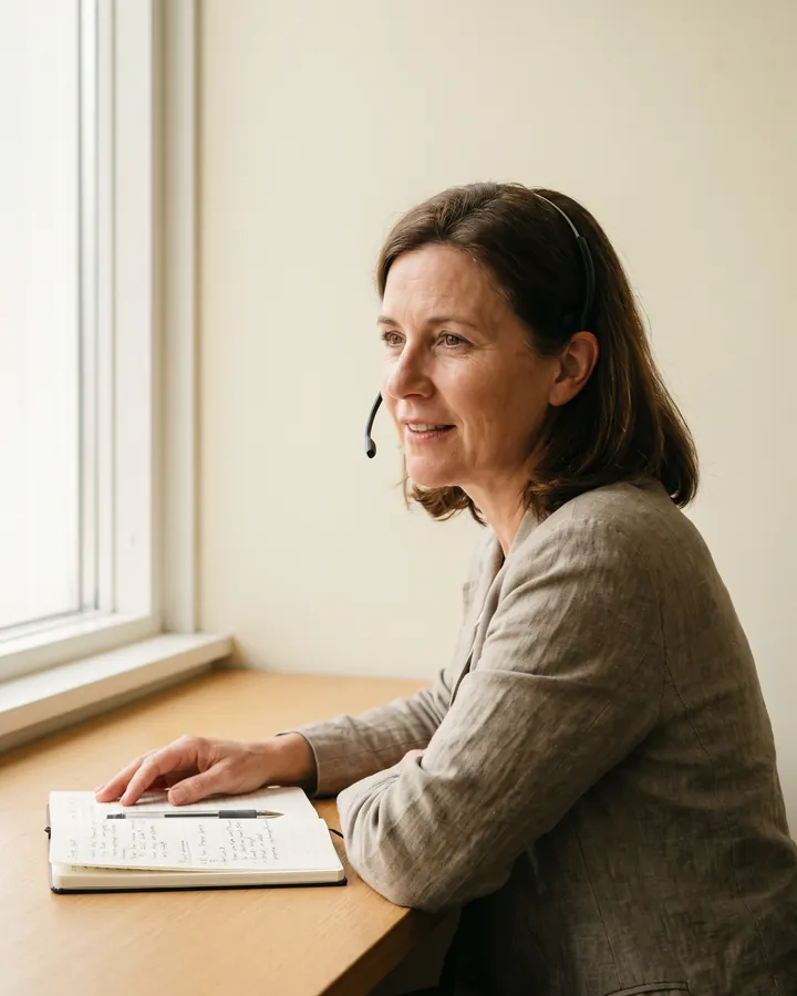 An advisor at a plain desk in a headset, listening and writing in an open notebook.