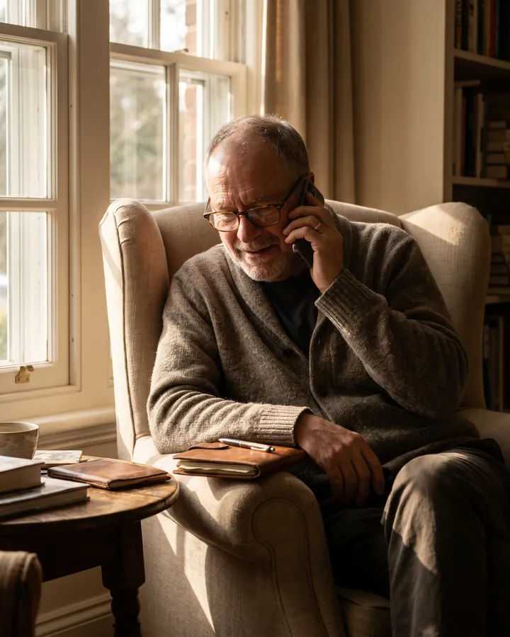 A man in his sixties sitting in an armchair by a window, listening on the telephone with a notepad on the arm.