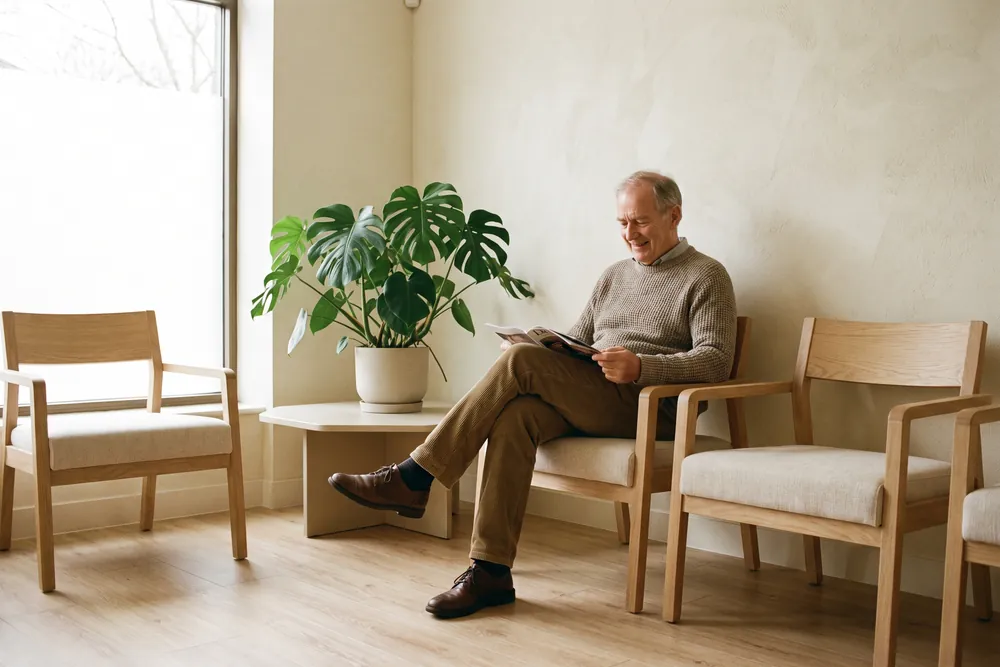 A calm clinic waiting room with wooden chairs, a plant and daylight through a large window.
