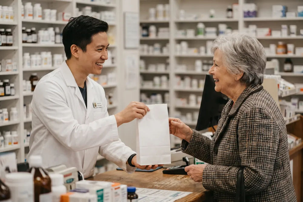 A pharmacist handing a paper bag across a counter to a woman in her late sixties, both mid-conversation.